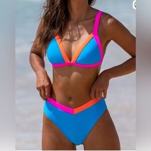 Popvil Color-Block Blue Bikini with Pink & Orange Trim - Women's Swim